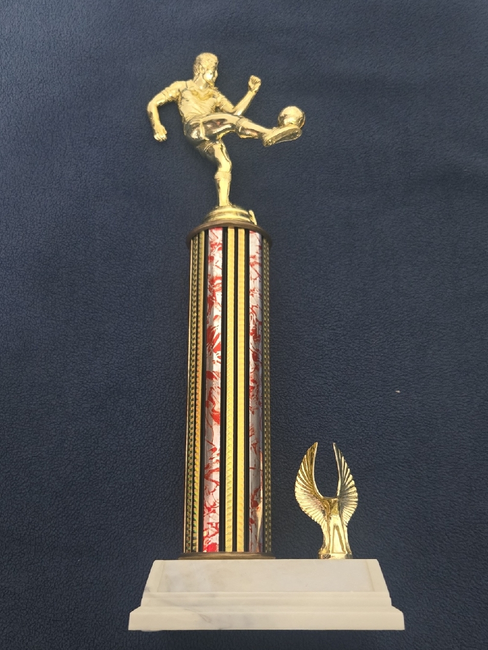 Gold Soccer Trophy with Red and White Column